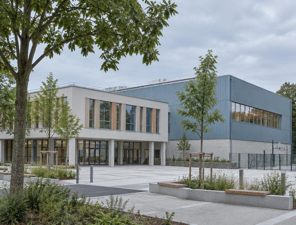 Bâtiment public rénové et parvis végétalisé